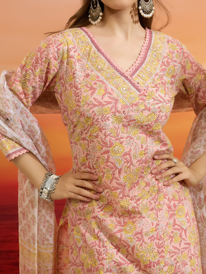 Divena Hand Block Printed Cotton Pink Straight Fit  Kurta Pant Dupatta Sets