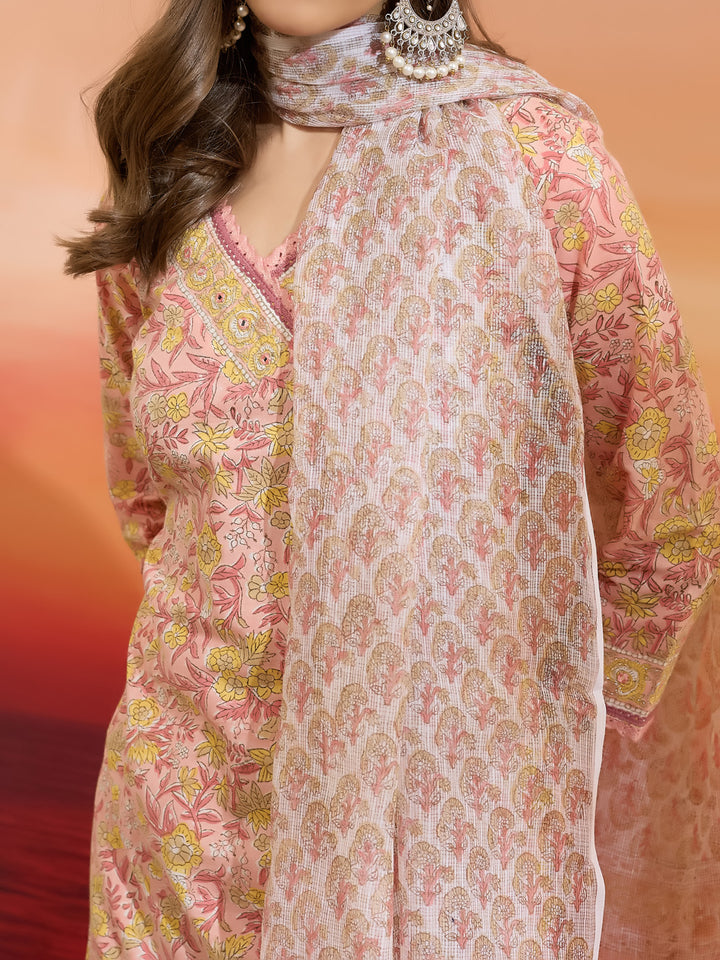 Divena Hand Block Printed Cotton Pink Straight Fit  Kurta Pant Dupatta Sets