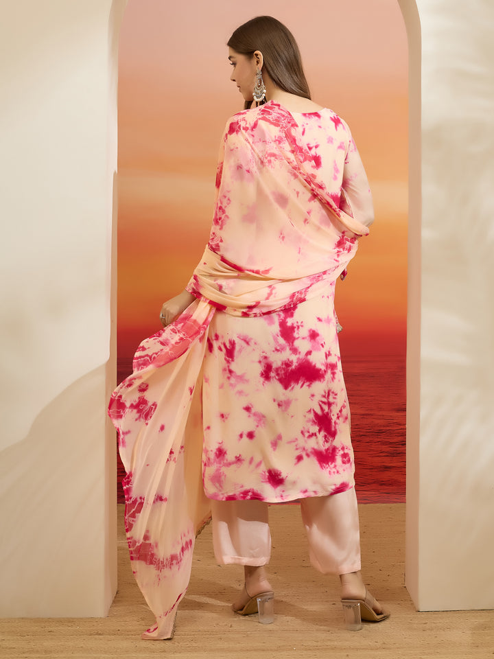 Divena Muslin Tie and dye Printed Pink Kurta Pant Dupatta Sets