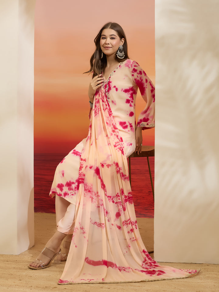 Divena Muslin Tie and dye Printed Pink Kurta Pant Dupatta Sets