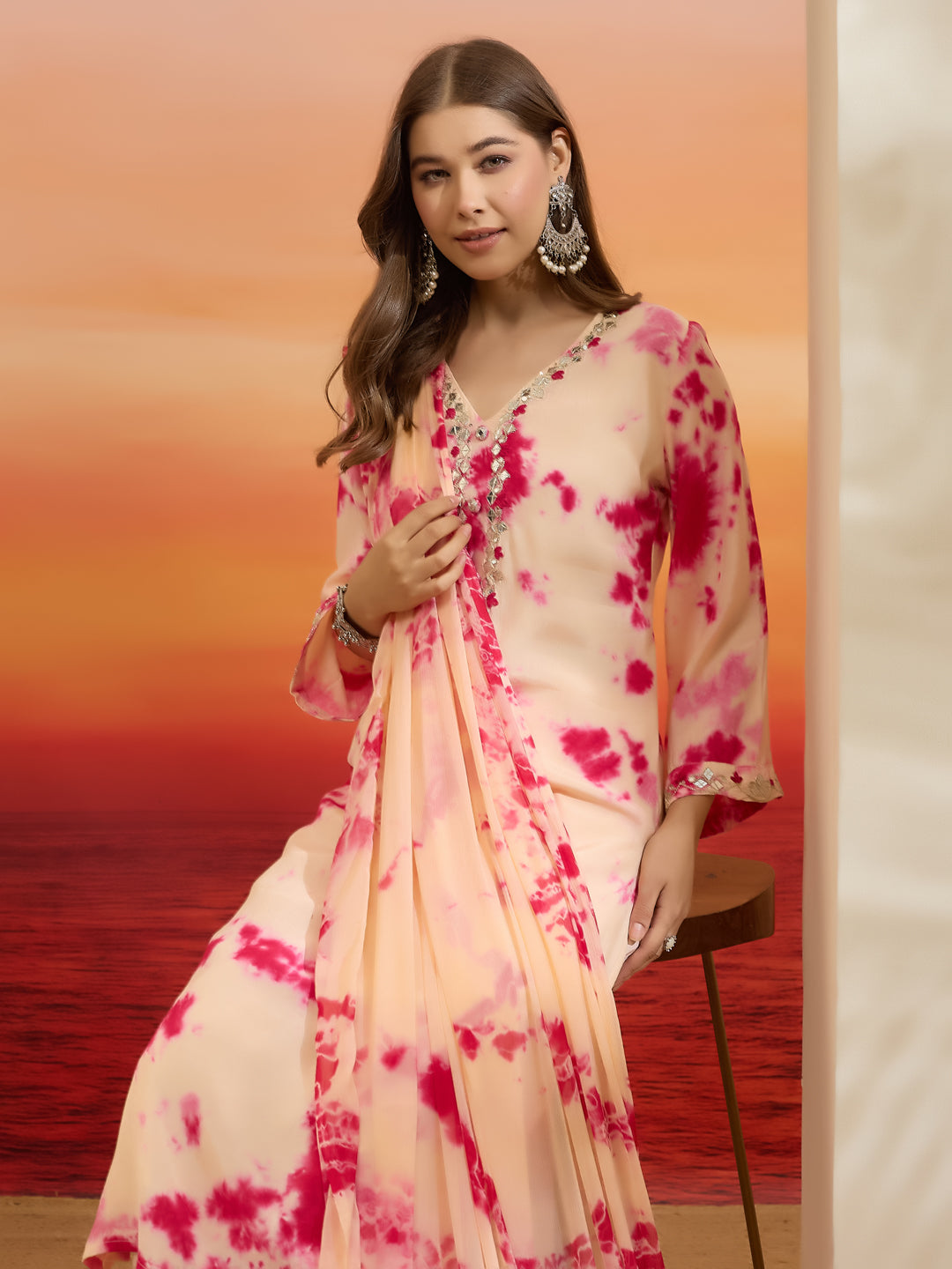 Divena Muslin Tie and dye Printed Pink Kurta Pant Dupatta Sets