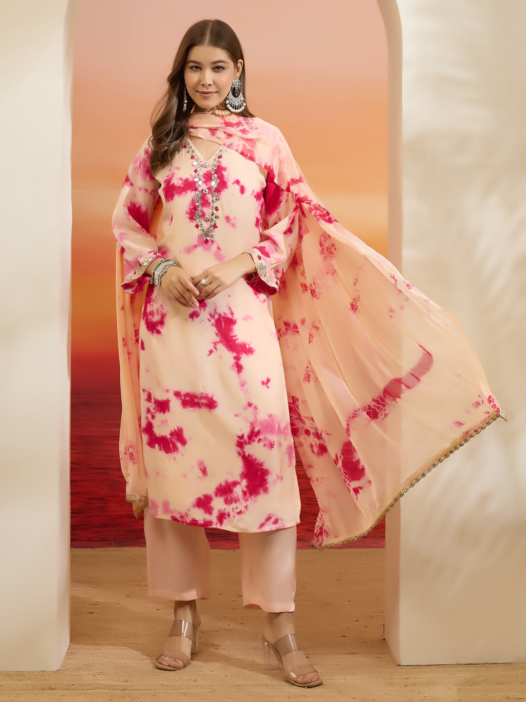 Divena Muslin Tie and dye Printed Pink Kurta Pant Dupatta Sets