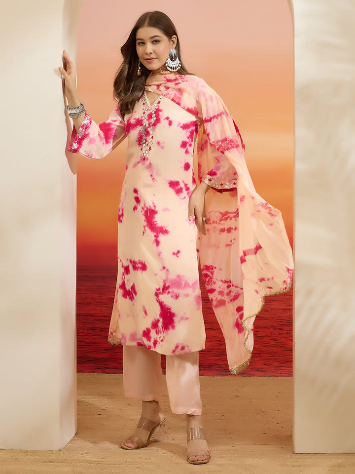 Divena Muslin Tie and dye Printed Pink Kurta Pant Dupatta Sets