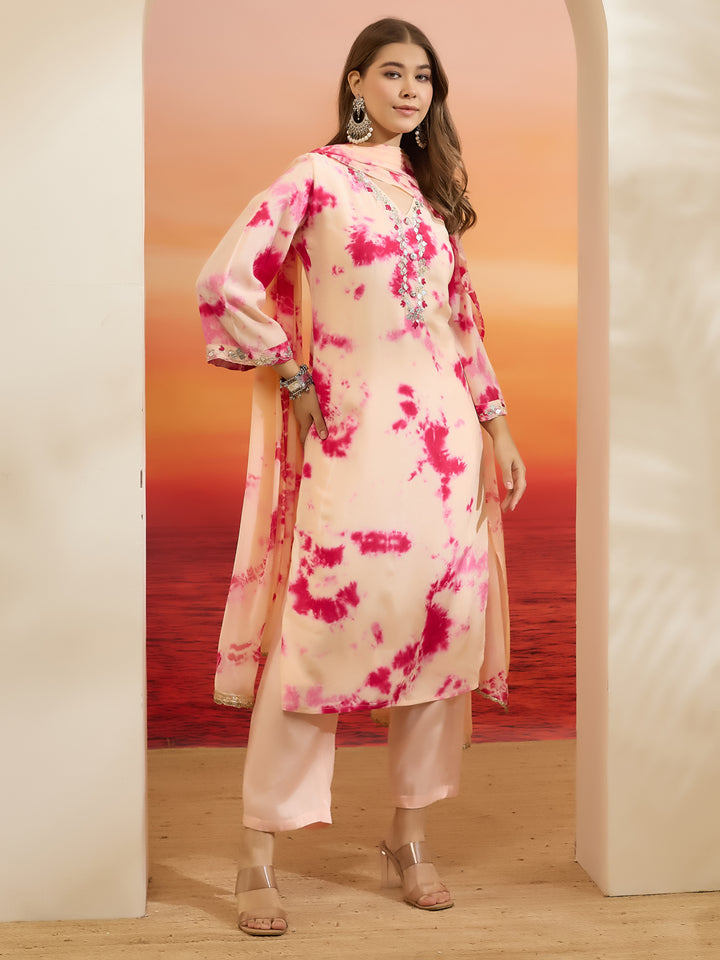 Divena Muslin Tie and dye Printed Pink Kurta Pant Dupatta Sets