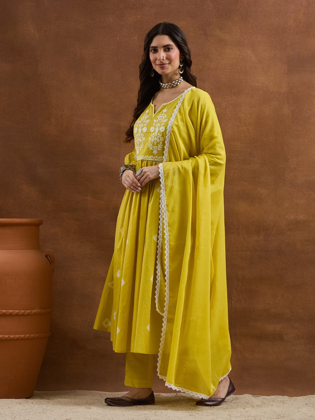 Divena Mustard Yellow Embroidered Anarkali Kurta Set
