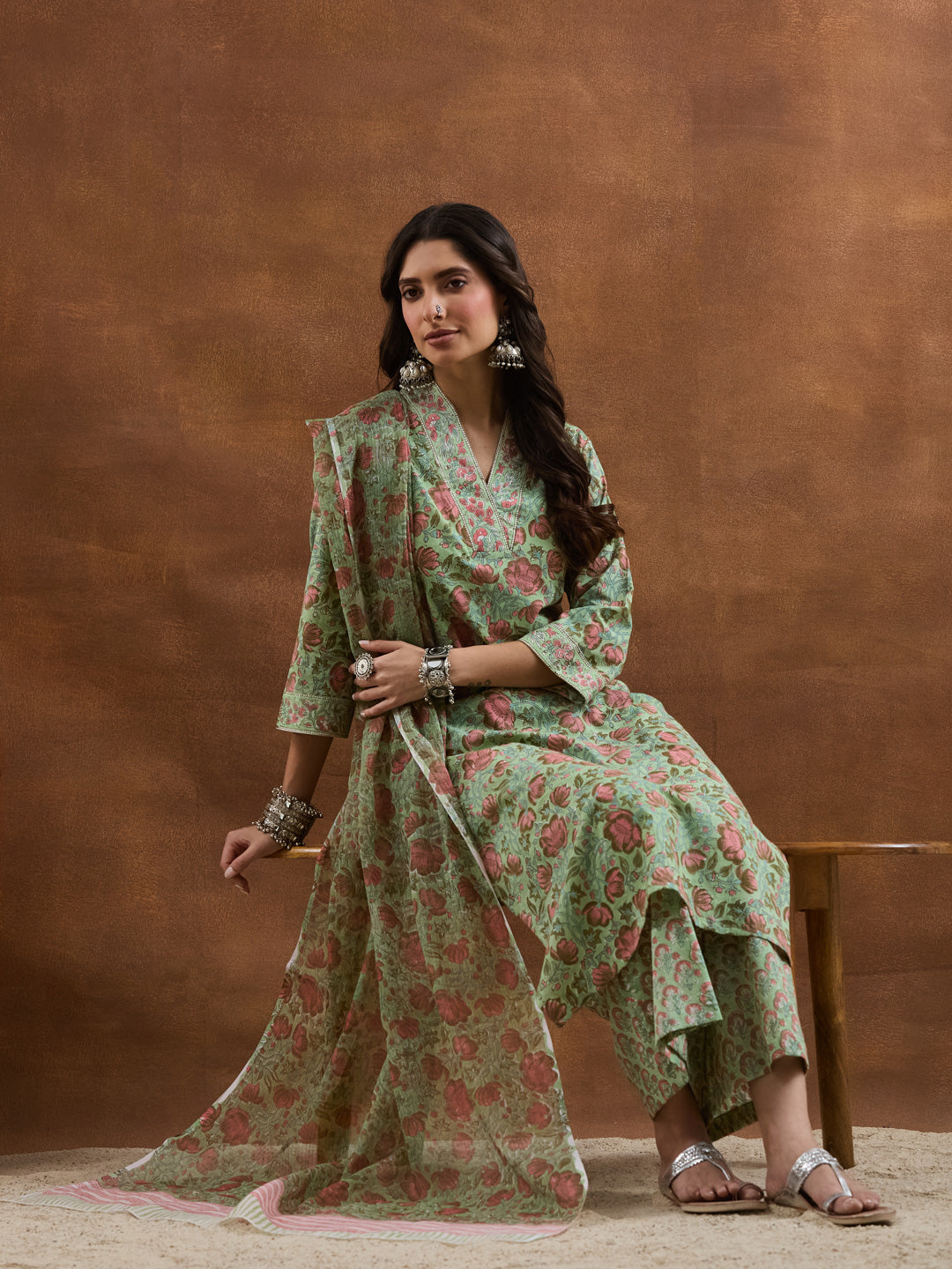 Divena Cotton HandBlock Printed Green Kurta Sets