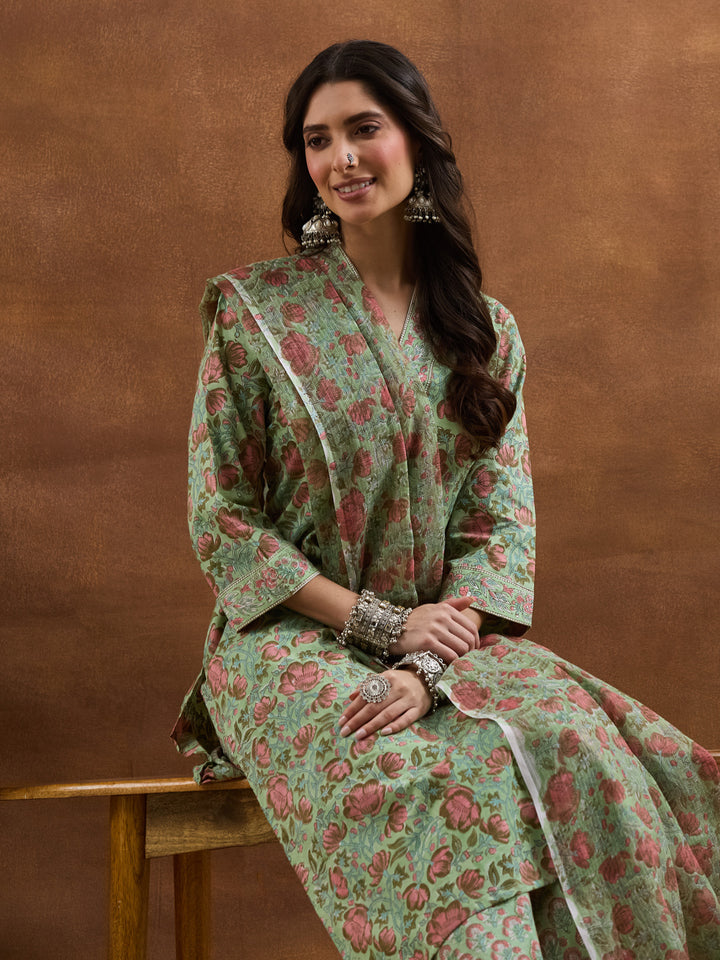 Divena Cotton HandBlock Printed Green Kurta Sets