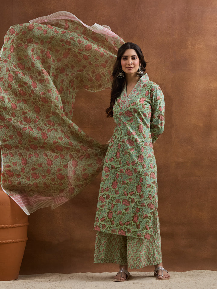 Divena Cotton HandBlock Printed Green Kurta Sets