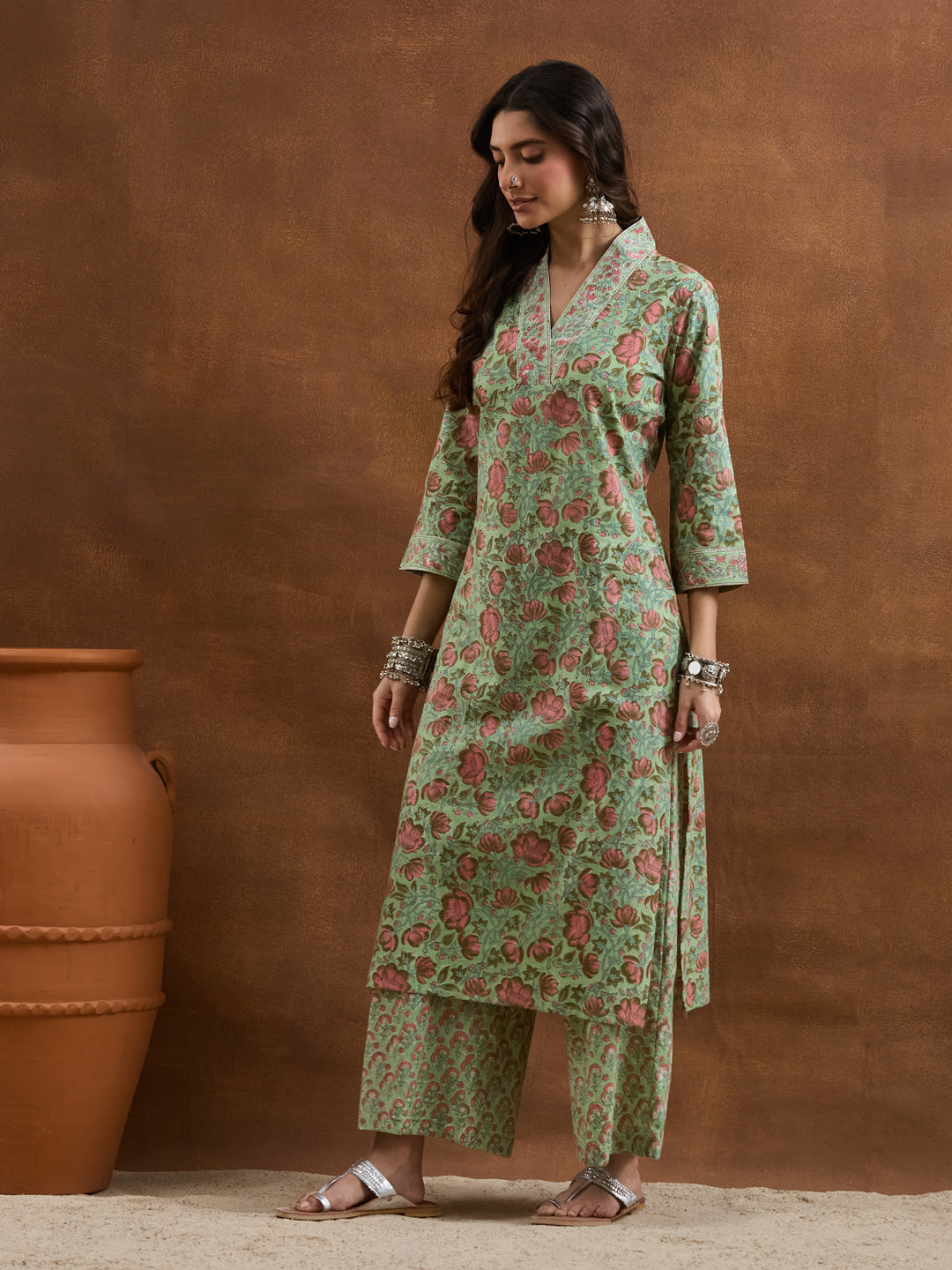 Divena Cotton HandBlock Printed Green Kurta Sets