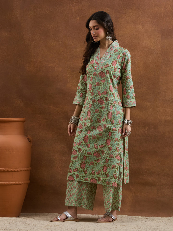 Divena Cotton HandBlock Printed Green Kurta Sets
