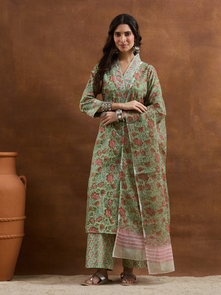 Divena Cotton HandBlock Printed Green Kurta Sets