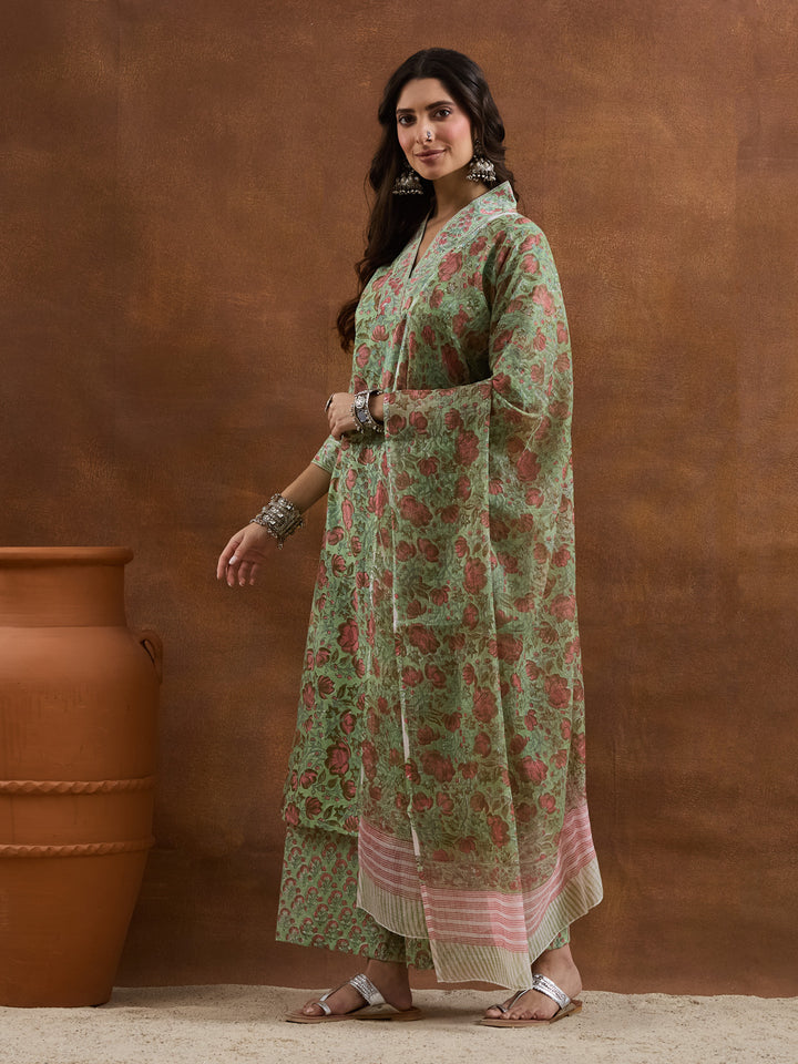 Divena Cotton HandBlock Printed Green Kurta Sets