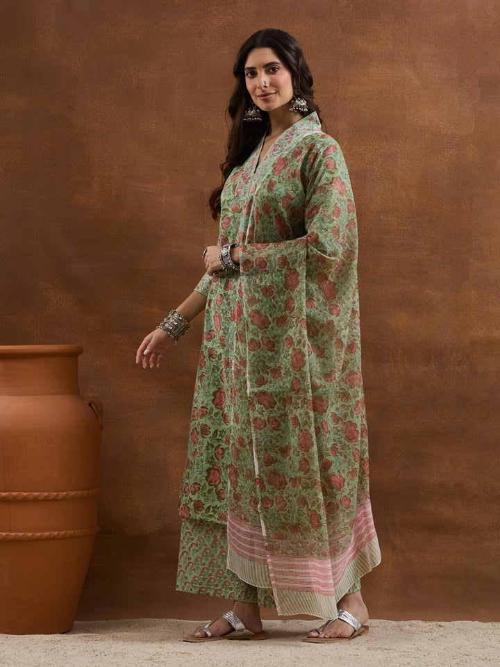 Divena Cotton HandBlock Printed Green Kurta Sets