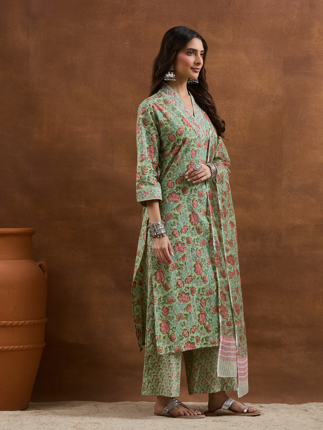 Divena Cotton HandBlock Printed Green Kurta Sets