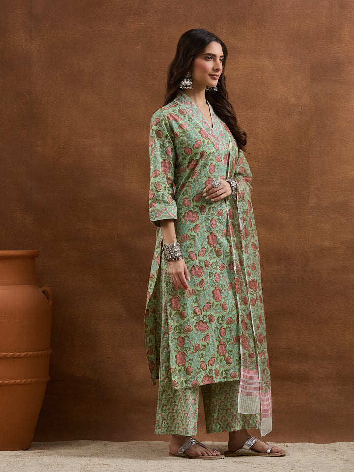 Divena Cotton HandBlock Printed Green Kurta Sets