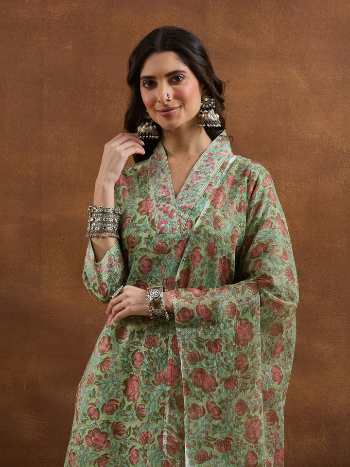 Divena Cotton HandBlock Printed Green Kurta Sets