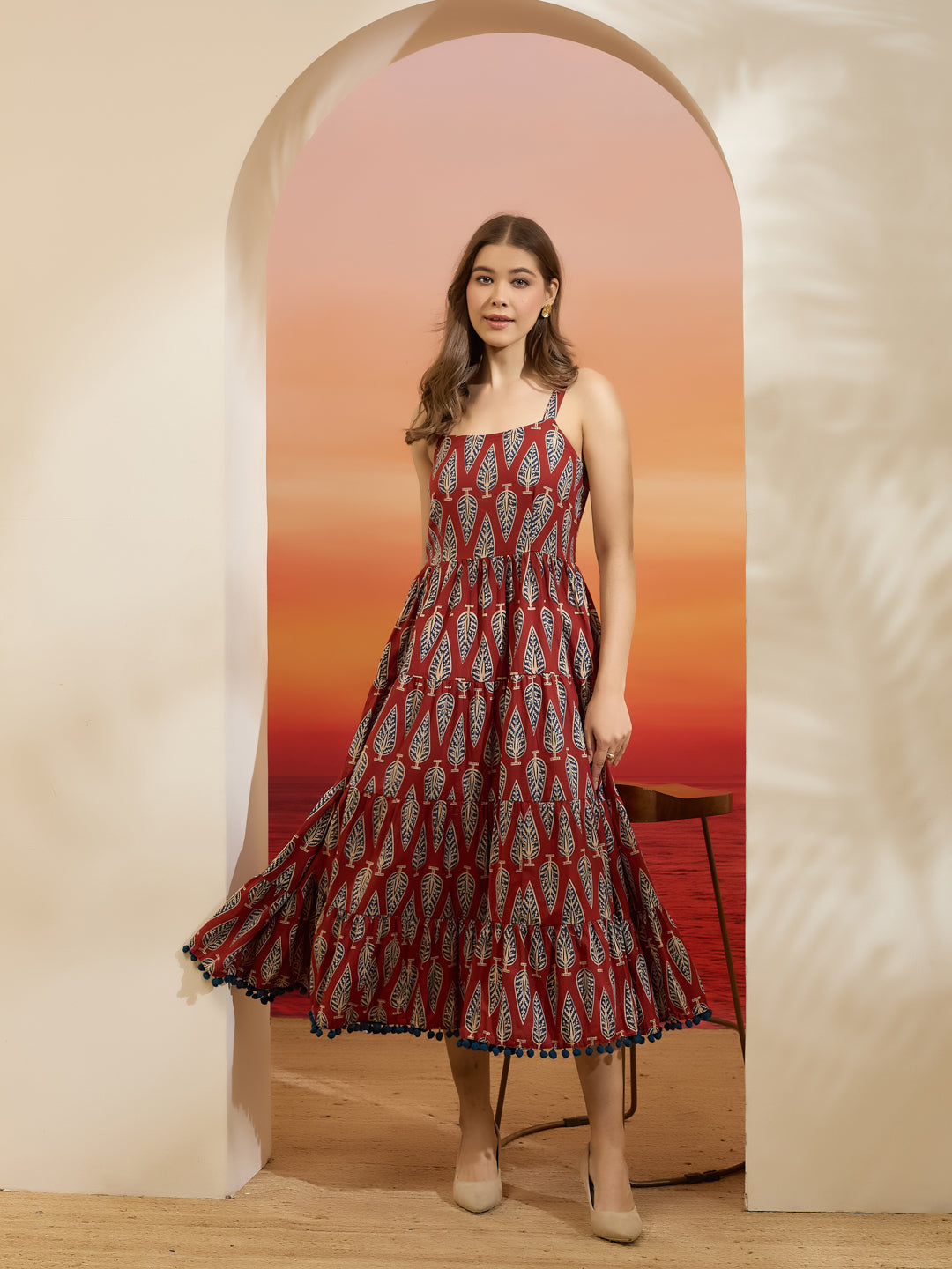 Divena Printed Cotton Maroon Shoulder Strap Flared Dress