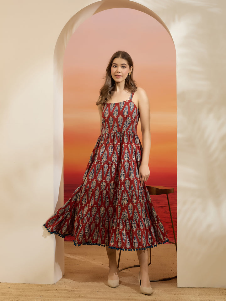 Divena Printed Cotton Maroon Shoulder Strap Flared Dress