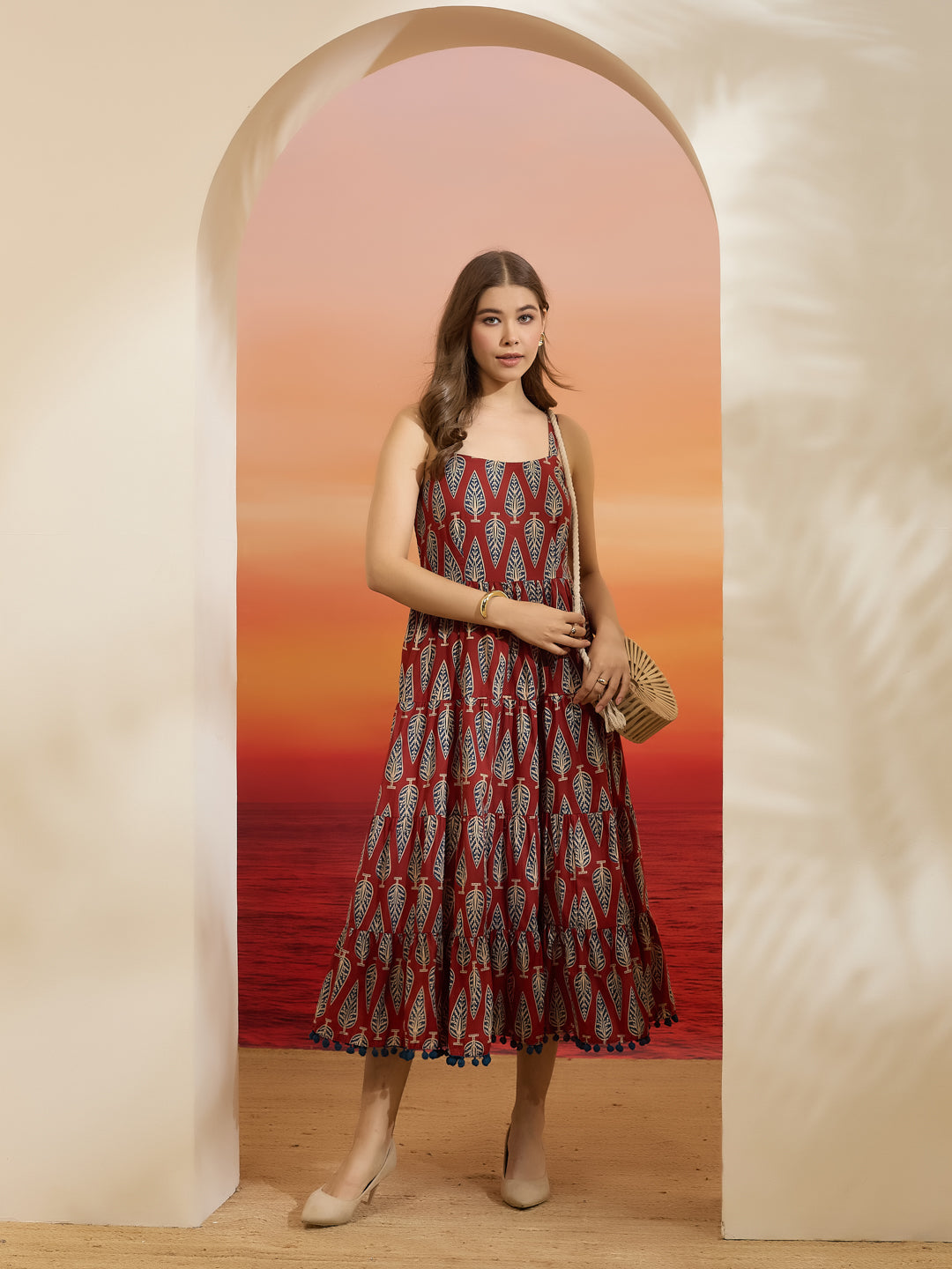 Divena Printed Cotton Maroon Shoulder Strap Flared Dress
