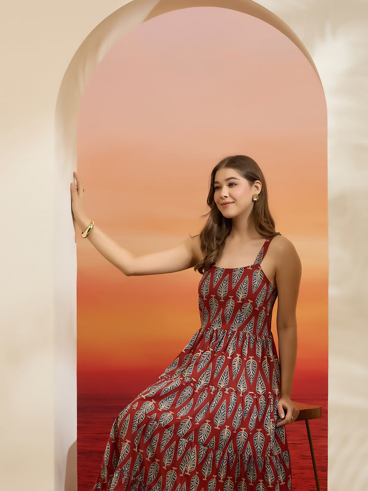 Divena Printed Cotton Maroon Shoulder Strap Flared Dress