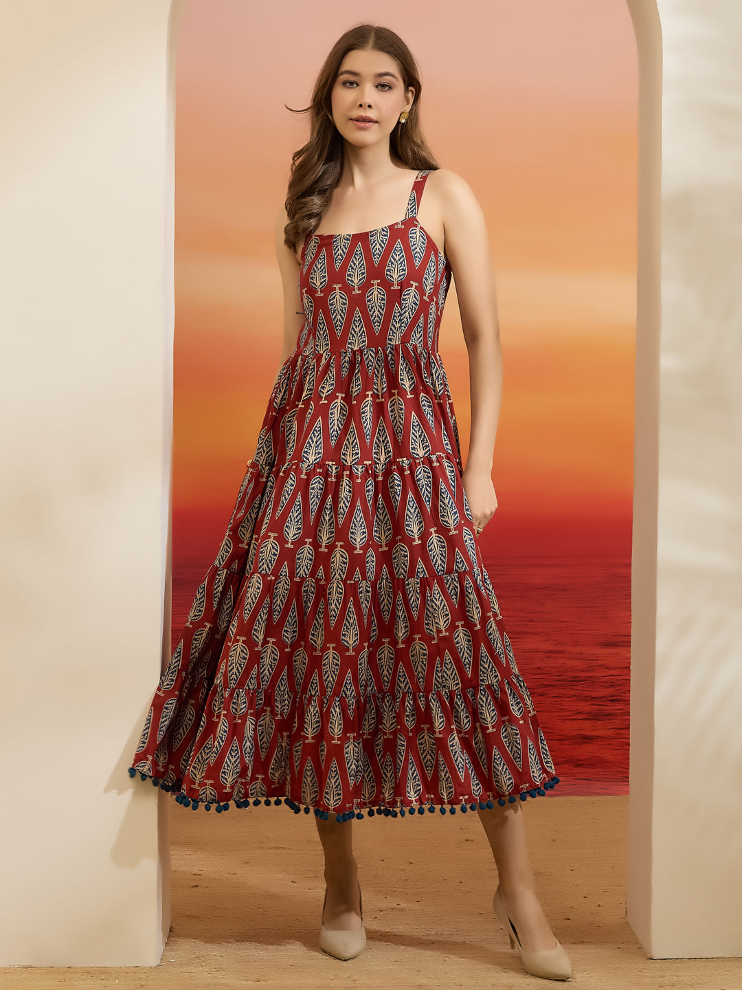 Divena Printed Cotton Maroon Shoulder Strap Flared Dress