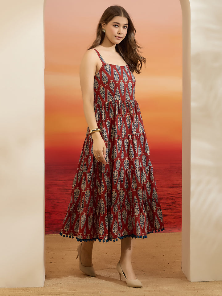 Divena Printed Cotton Maroon Shoulder Strap Flared Dress