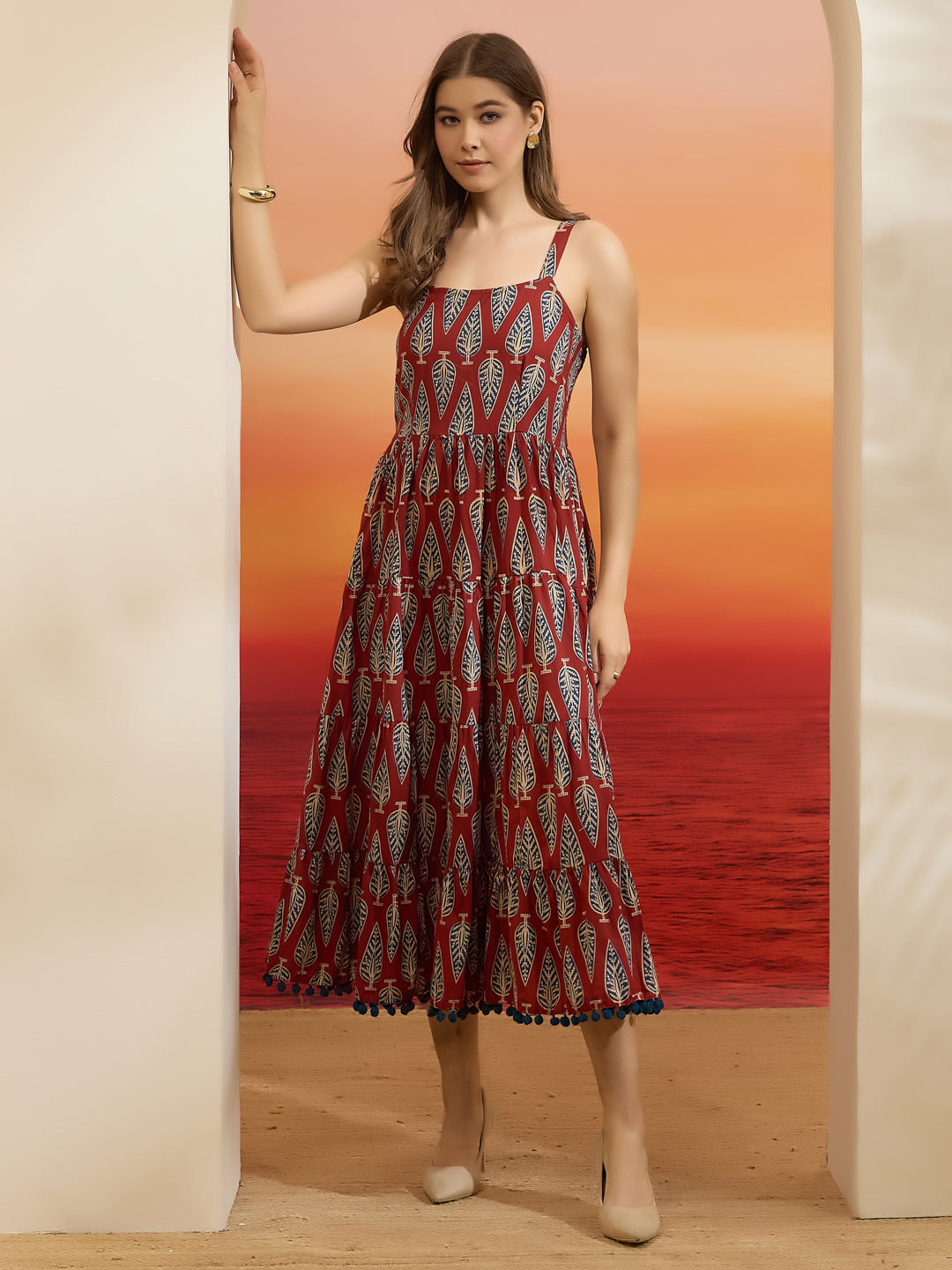 Divena Printed Cotton Maroon Shoulder Strap Flared Dress