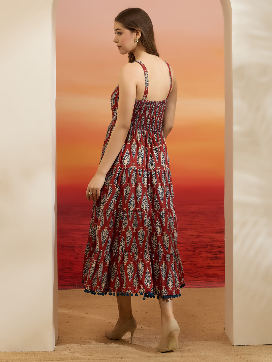 Divena Printed Cotton Maroon Shoulder Strap Flared Dress
