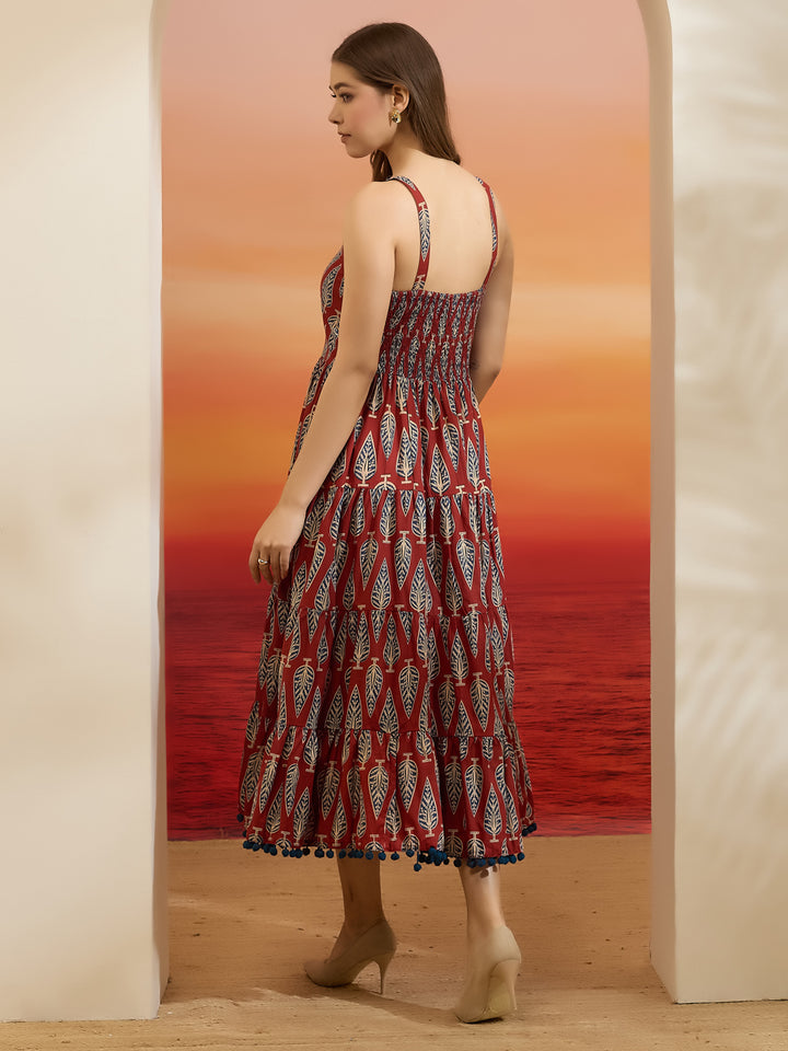 Divena Printed Cotton Maroon Shoulder Strap Flared Dress