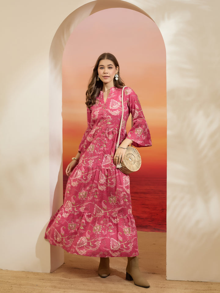 Divena Floral Printed Cotton Pink Flared Dress