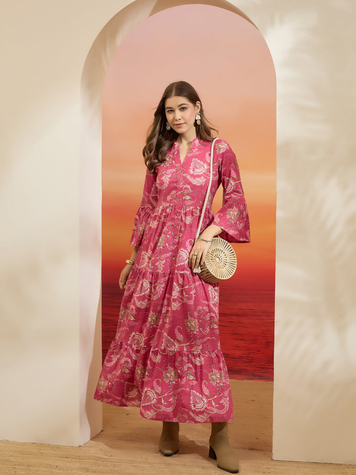 Divena Floral Printed Cotton Pink Flared Dress