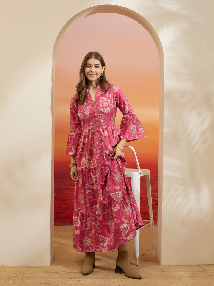 Divena Floral Printed Cotton Pink Flared Dress