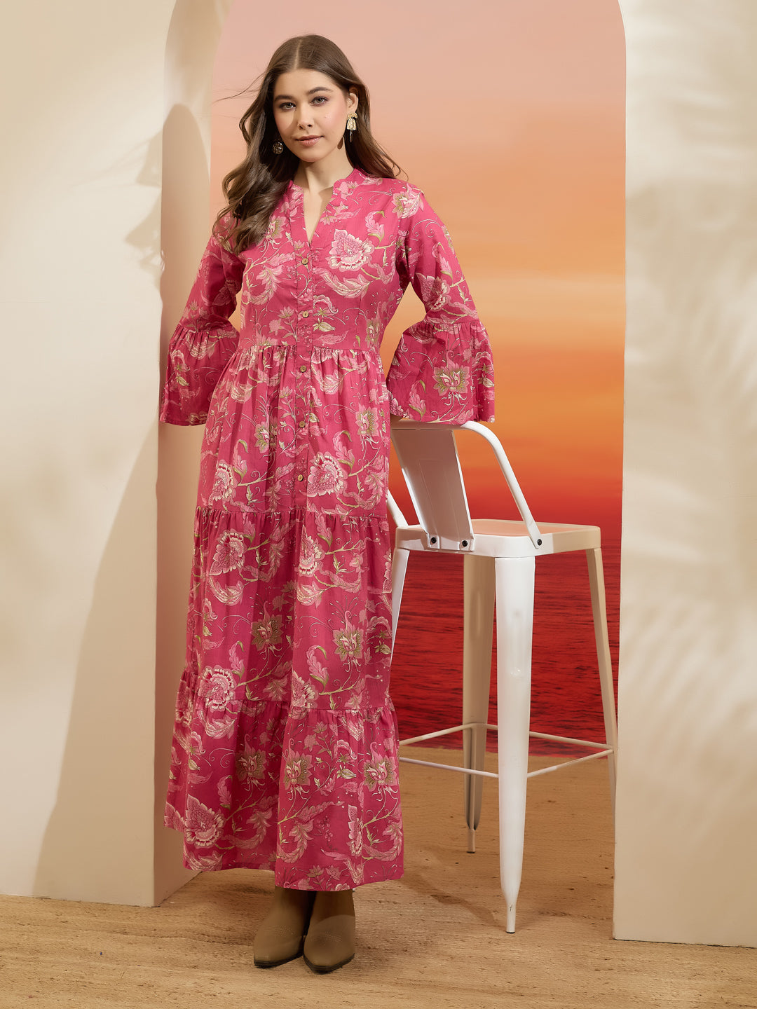 Divena Floral Printed Cotton Pink Flared Dress