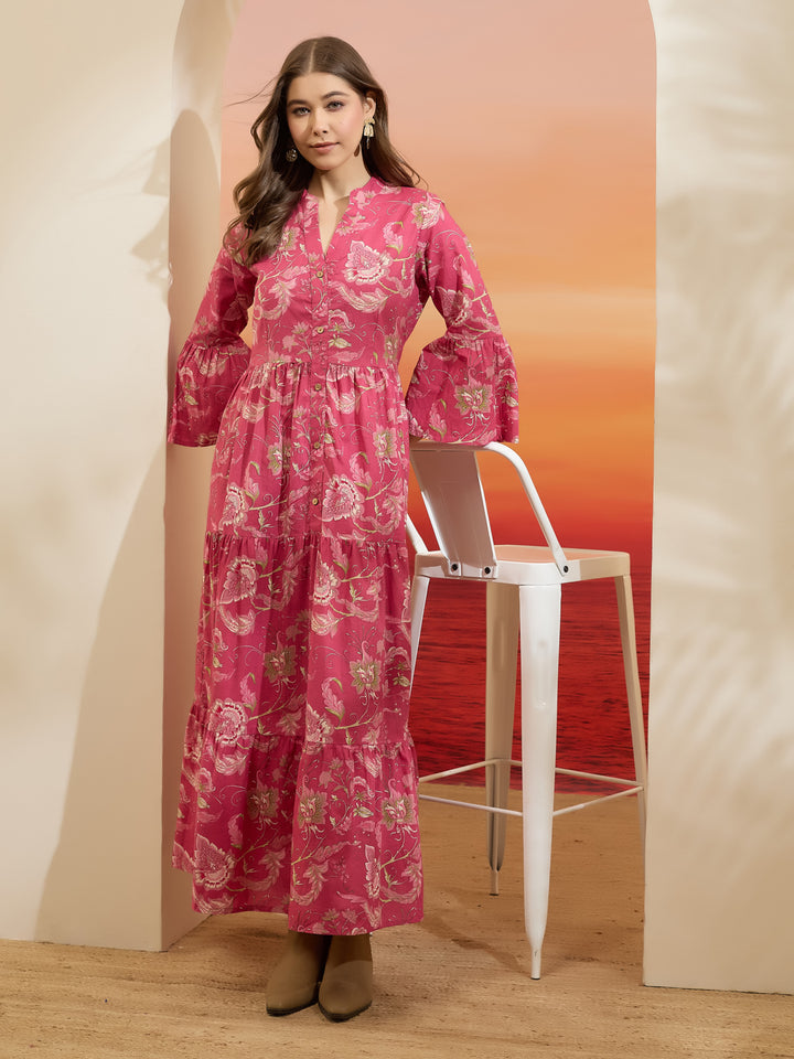 Divena Floral Printed Cotton Pink Flared Dress