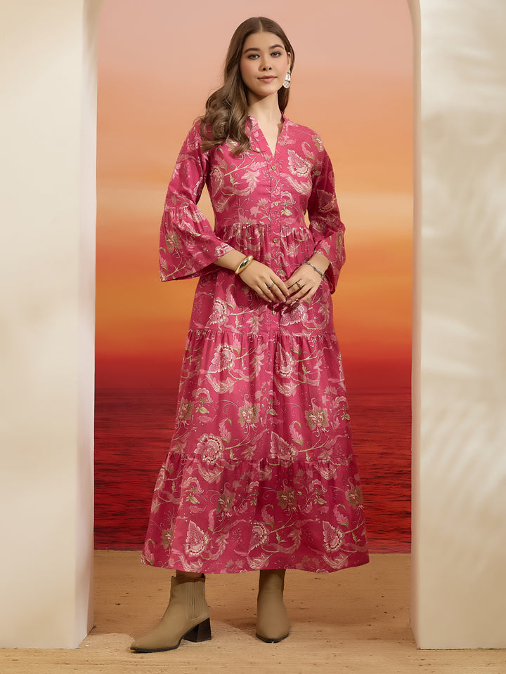 Divena Floral Printed Cotton Pink Flared Dress
