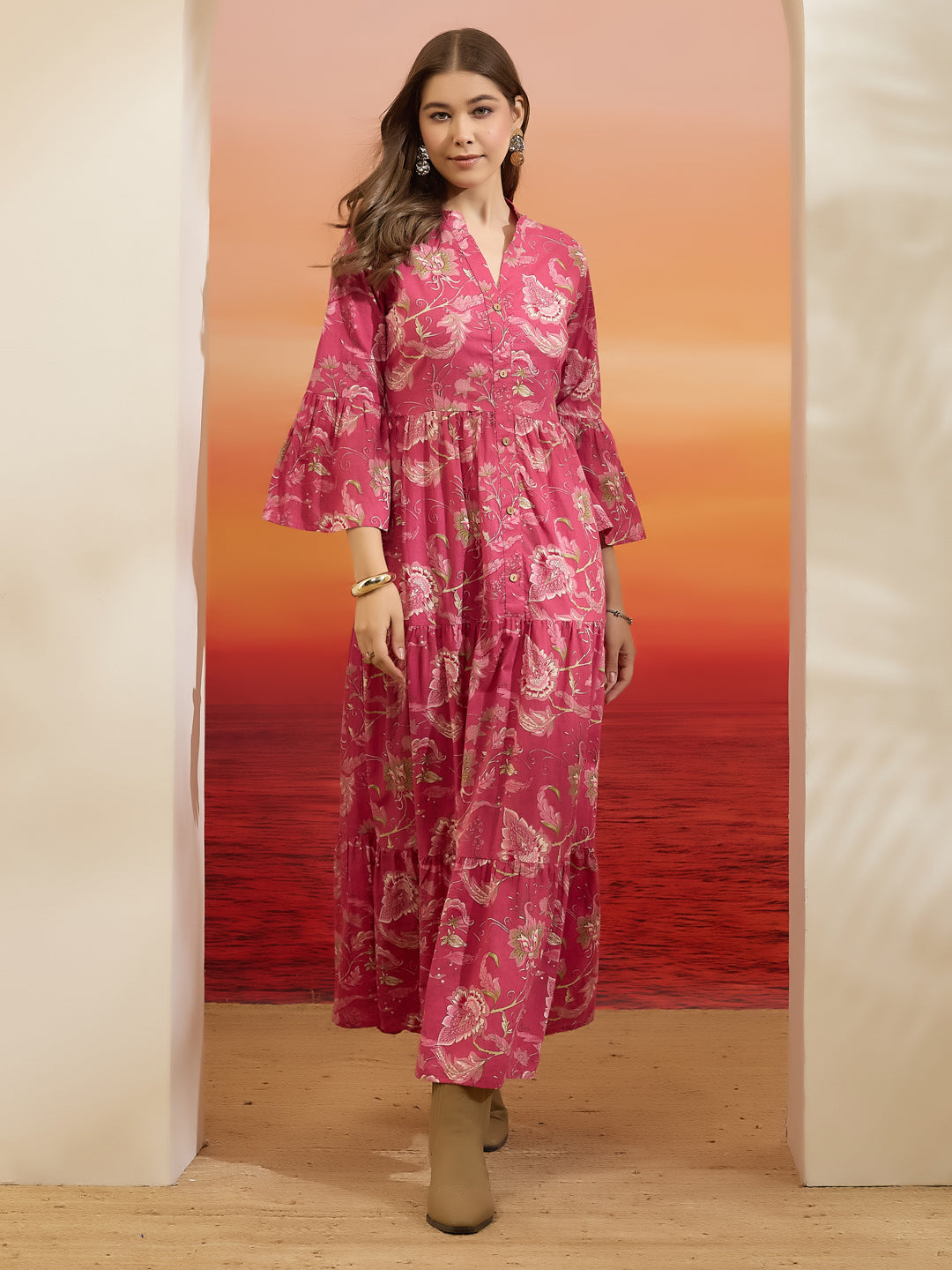 Divena Floral Printed Cotton Pink Flared Dress