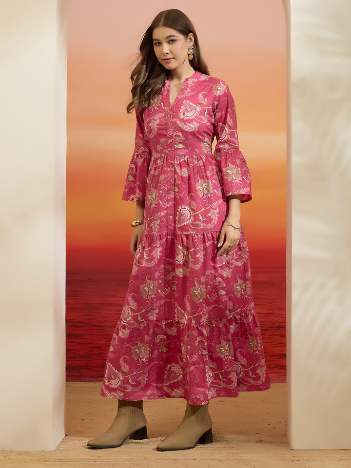 Divena Floral Printed Cotton Pink Flared Dress