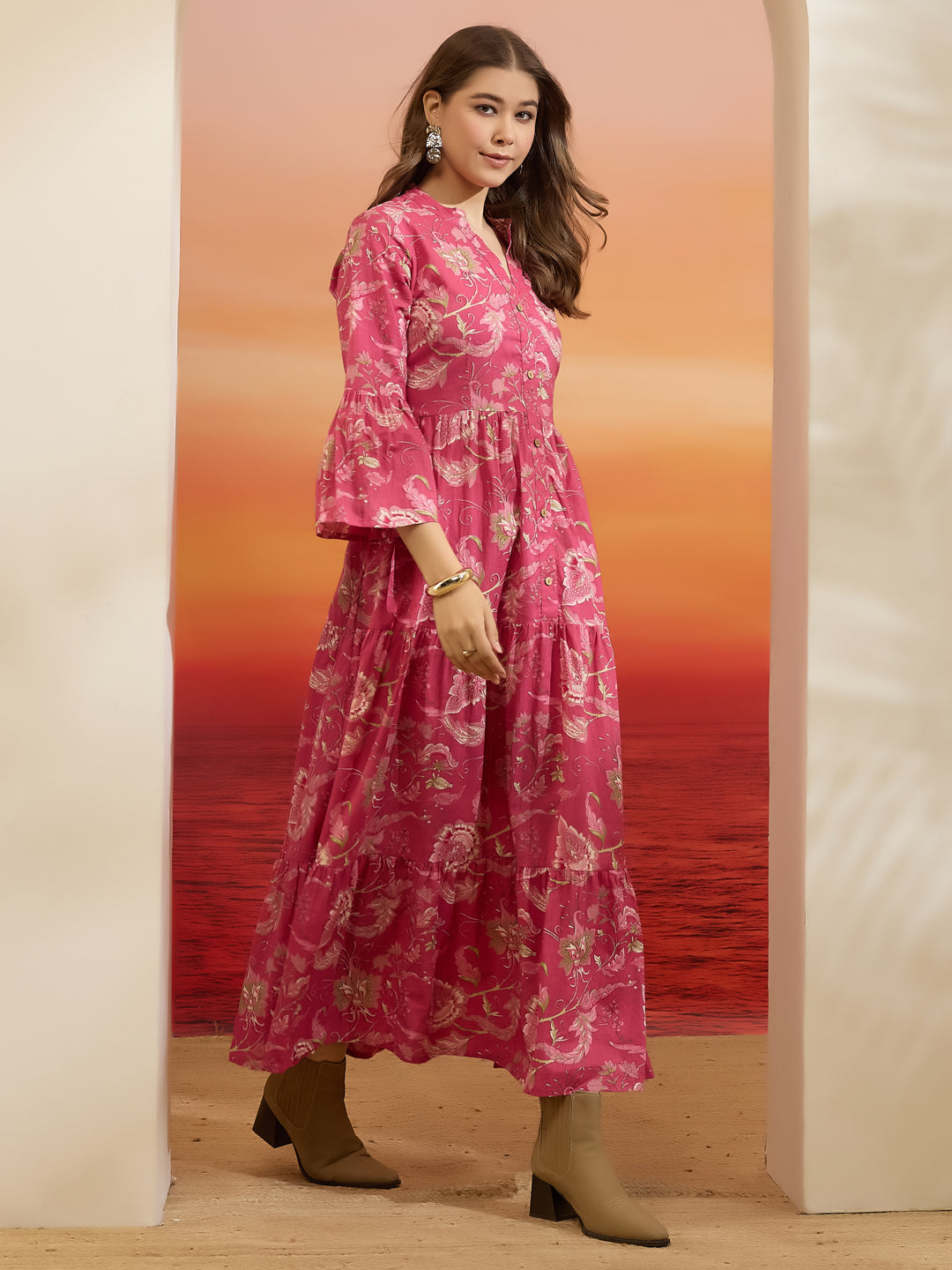 Divena Floral Printed Cotton Pink Flared Dress