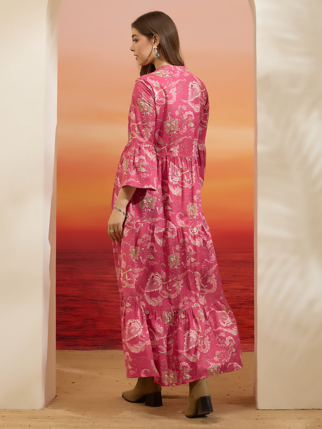 Divena Floral Printed Cotton Pink Flared Dress