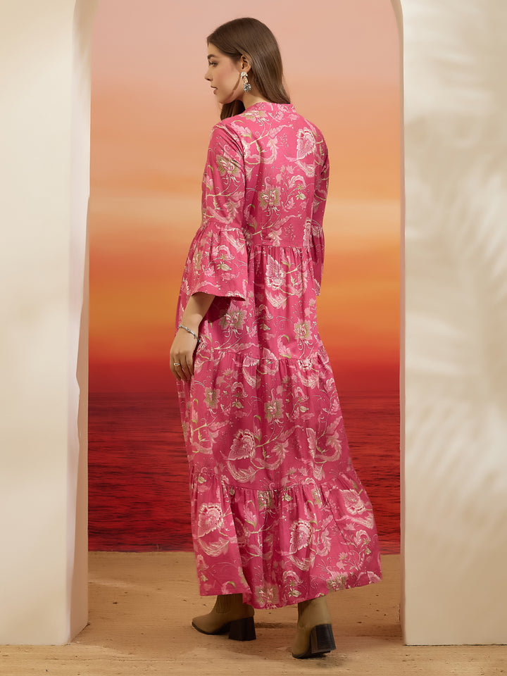 Divena Floral Printed Cotton Pink Flared Dress