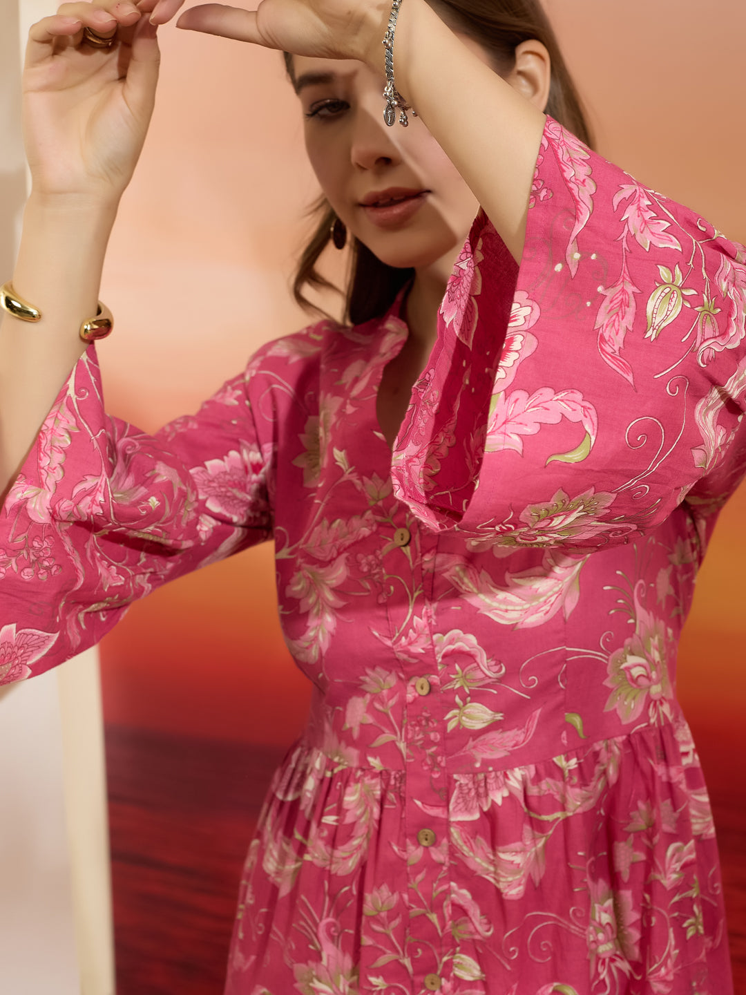 Divena Floral Printed Cotton Pink Flared Dress