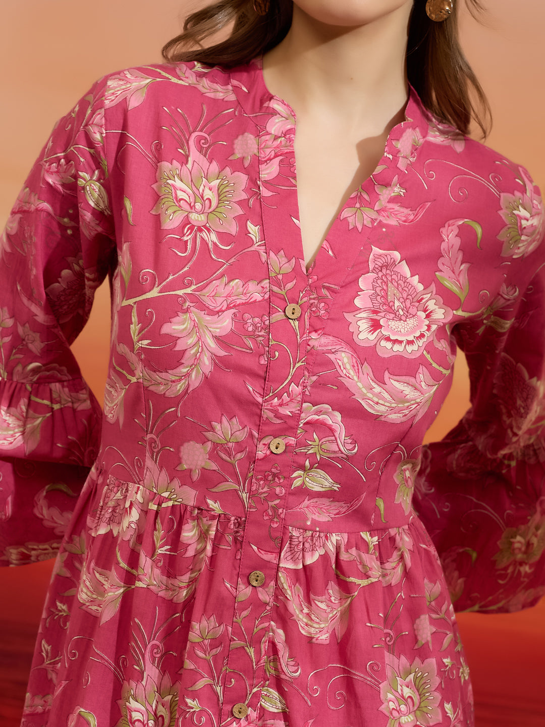 Divena Floral Printed Cotton Pink Flared Dress