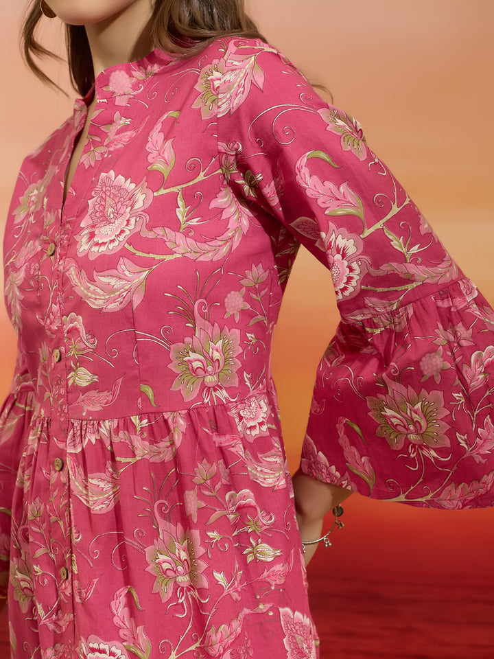 Divena Floral Printed Cotton Pink Flared Dress