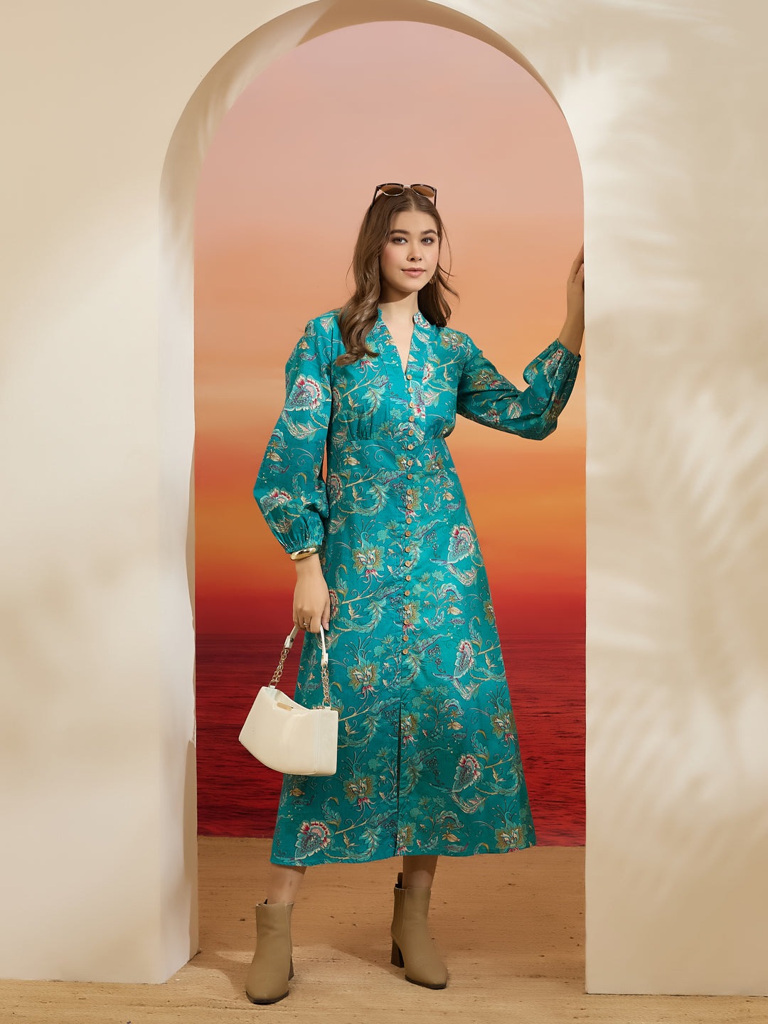 Divena Floral Printed Cotton Turquoise Blue Dress