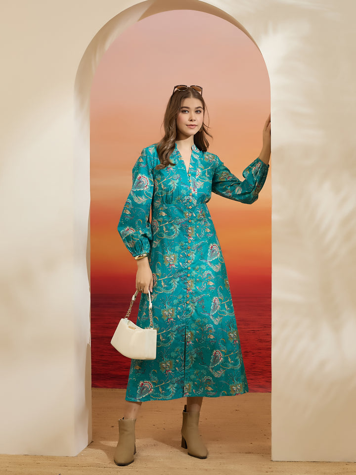 Divena Floral Printed Cotton Turquoise Blue Dress