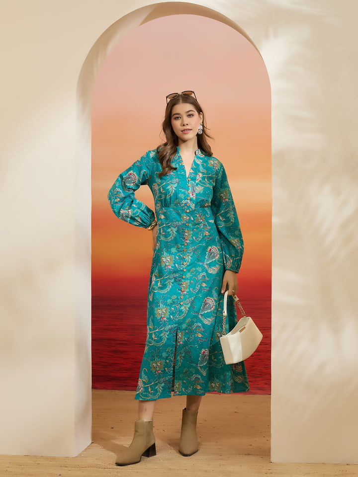Divena Floral Printed Cotton Turquoise Blue Dress