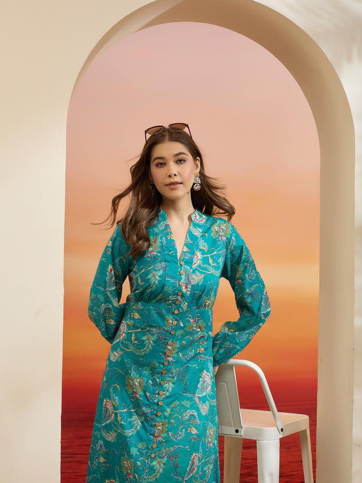 Divena Floral Printed Cotton Turquoise Blue Dress