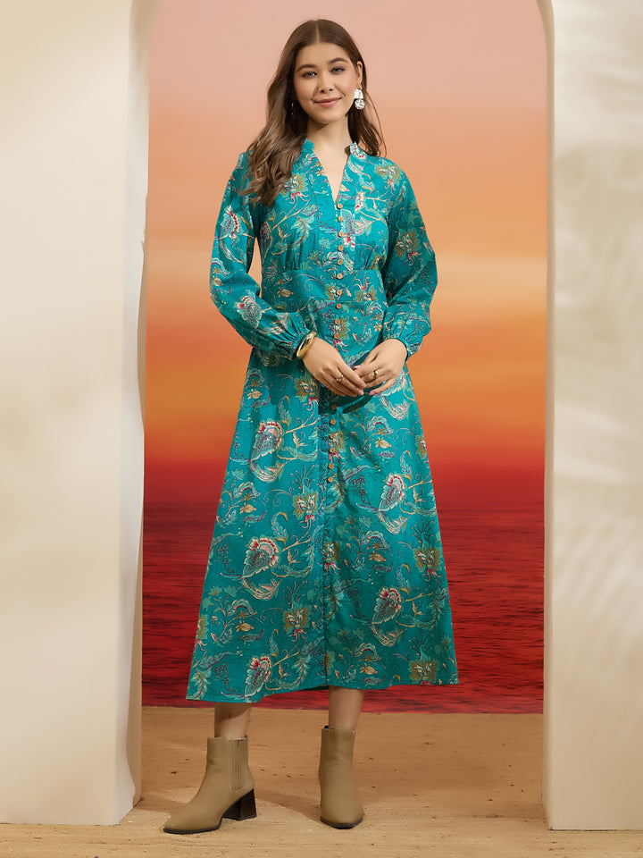 Divena Floral Printed Cotton Turquoise Blue Dress