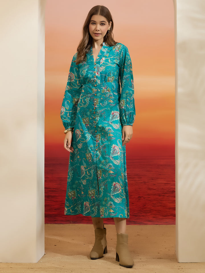 Divena Floral Printed Cotton Turquoise Blue Dress