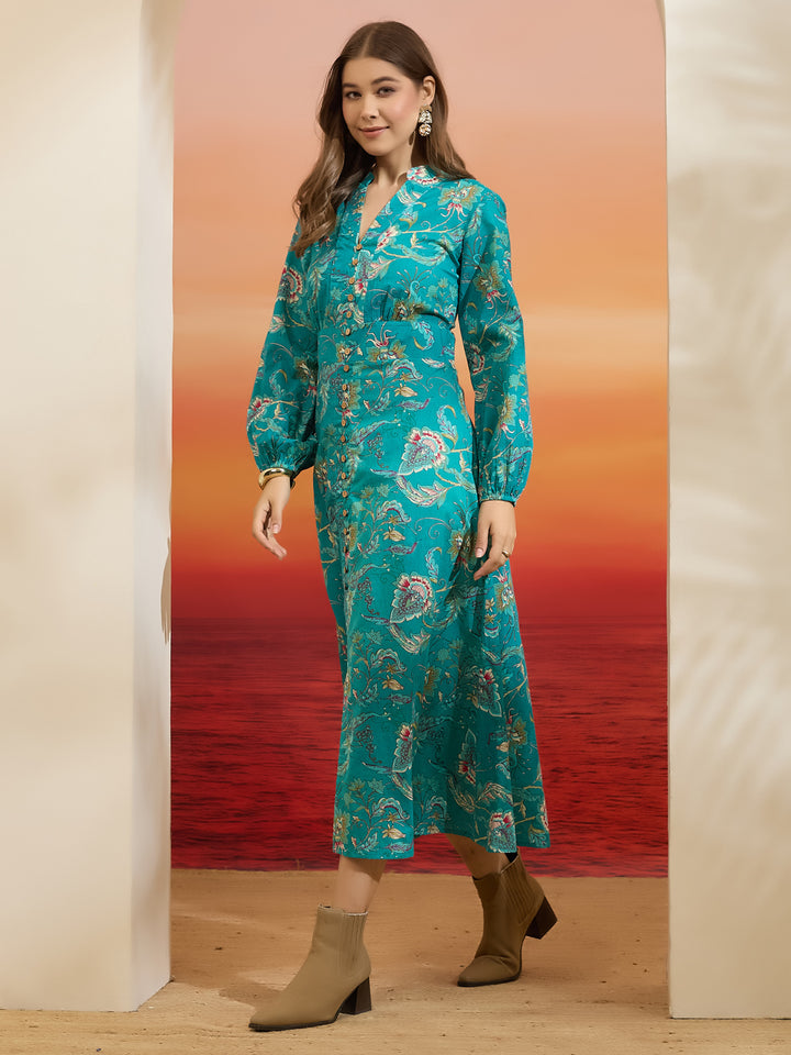 Divena Floral Printed Cotton Turquoise Blue Dress